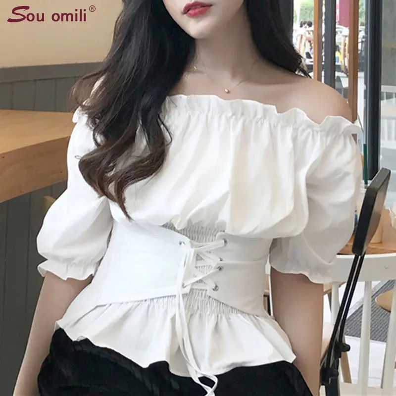 Vintage Off Shoulder Top tshirt Women Sexy Crop Tops Lacing Up tshirts with Short Lantern Sleeve Female Chemise bardot culotte
Vintage Off Shoulder Top tshirt Women Sexy Crop Tops Lacing Up tshirts with Short Lantern Sleeve Female Chemise bardot culotte