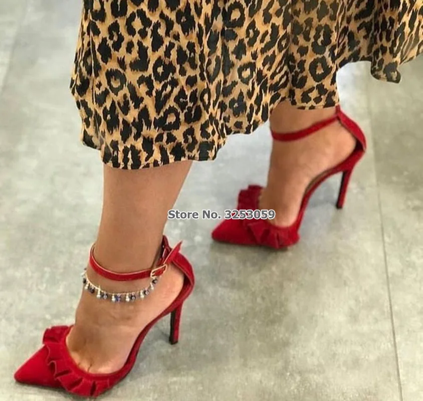 

ALMUDENA Red Black Suede Ruffle Pointed Toe Pumps Women Exquisite Falbala Dress Shoes Buackle Strap Wedding Heels Flounce Shoes