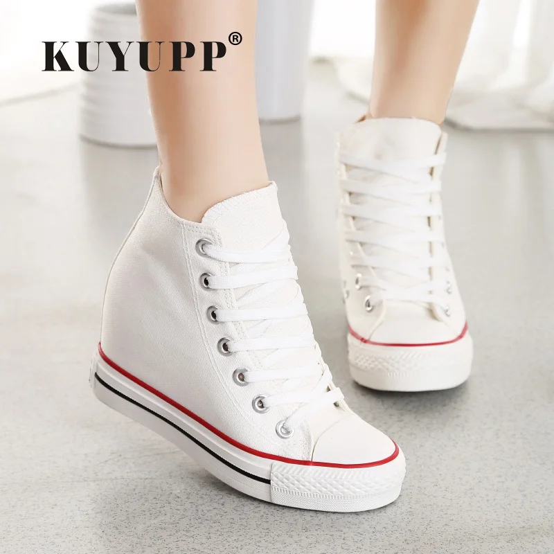 Image KUYUPP High Top Canvas Women Shoes Espadrilles Spring Autumn Womens Wedges Shoes Lace Up Casual Shoes For Female Sapatilha YD120