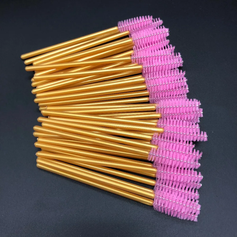 Розовые кисти для ресниц с золотыми ручками одноразовые нейлоновые макияжа