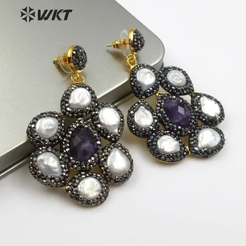 

WT-RE077 WKT New cute romantic style flower shape pearl earrings with natural stone high quality rhinestones paved into earrings