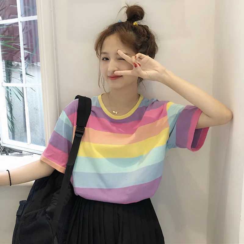 Women's Clothing sweet kawaii rainbow striped Tops ulzzang loose o-neck short sleeve harajuku Tees new summer tshirt T-Shirts
Women's Clothing sweet kawaii rainbow striped Tops ulzzang loose o-neck short sleeve harajuku Tees new summer tshirt T-Shirts