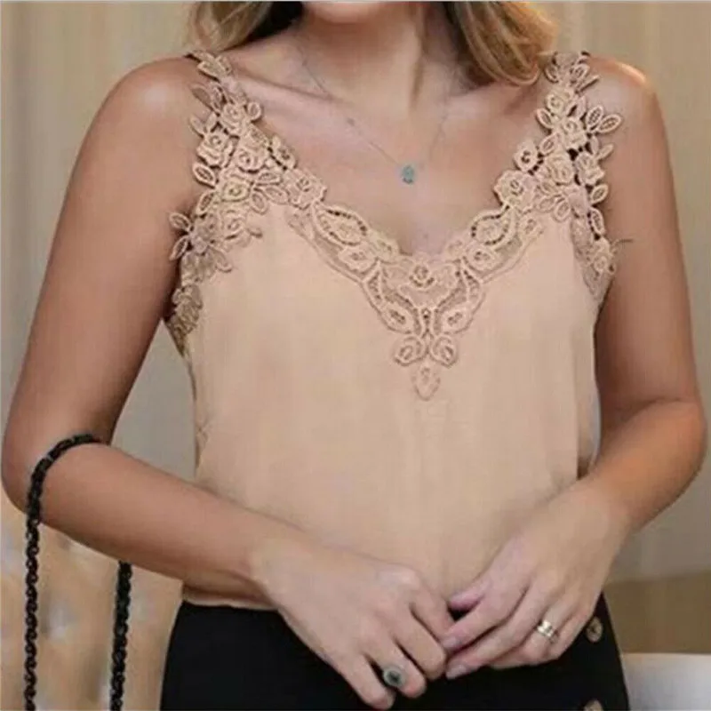 2019 Hot Women summer Lace Sleeveless Loose Casual V-Neck Tops Ladies Solid Lace Stitching strap Chiffon Blouse
2019 Hot Women summer Lace Sleeveless Loose Casual V-Neck Tops Ladies Solid Lace Stitching strap Chiffon Blouse