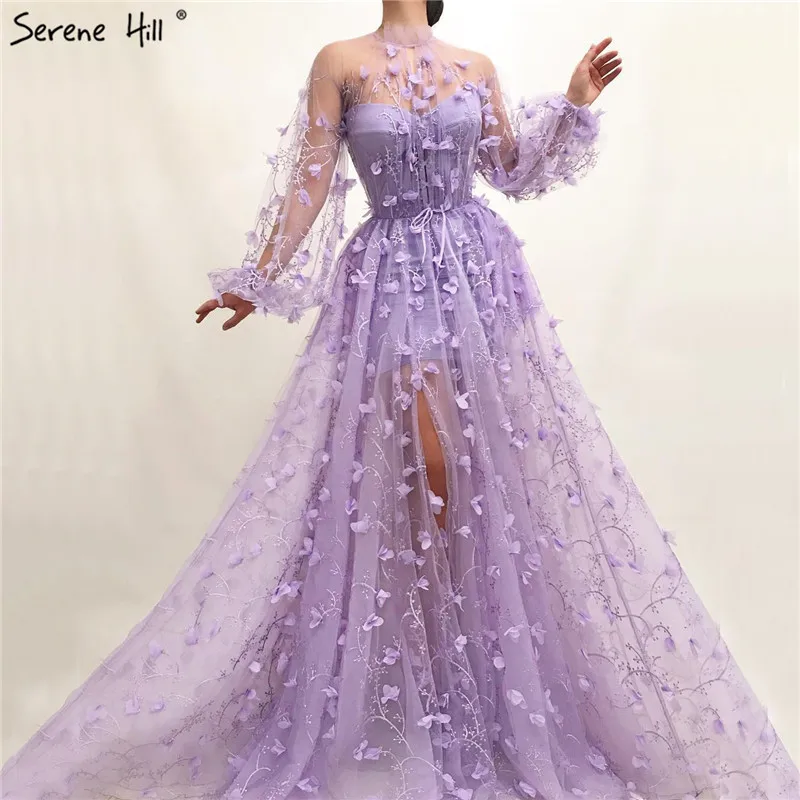 Фиолетовые Соблазнительные вечерние платья с длинным рукавом высоким воротом