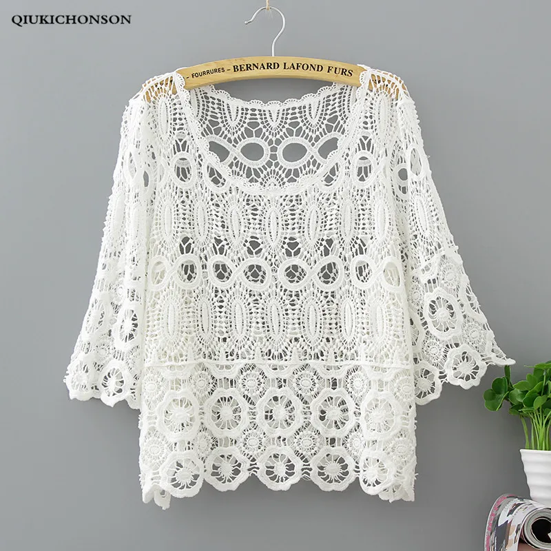 

Qiukichonson White Lace Blouse Short Sleeve Women Summer Tops Ladies Cute Hollow Out Crochet Bikini Cover Up Sunproof Cardigan