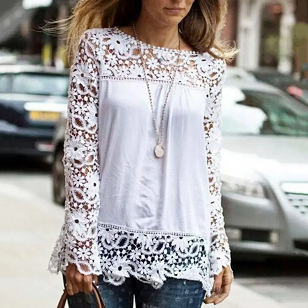 Fashion Sexy Elegant Women Solid Shirts Clothes Hollow Floral Lace Long Sleeve O-neck Lady Casual Loose Streetwear Blouse Top
Fashion Sexy Elegant Women Solid Shirts Clothes Hollow Floral Lace Long Sleeve O-neck Lady Casual Loose Streetwear Blouse Top