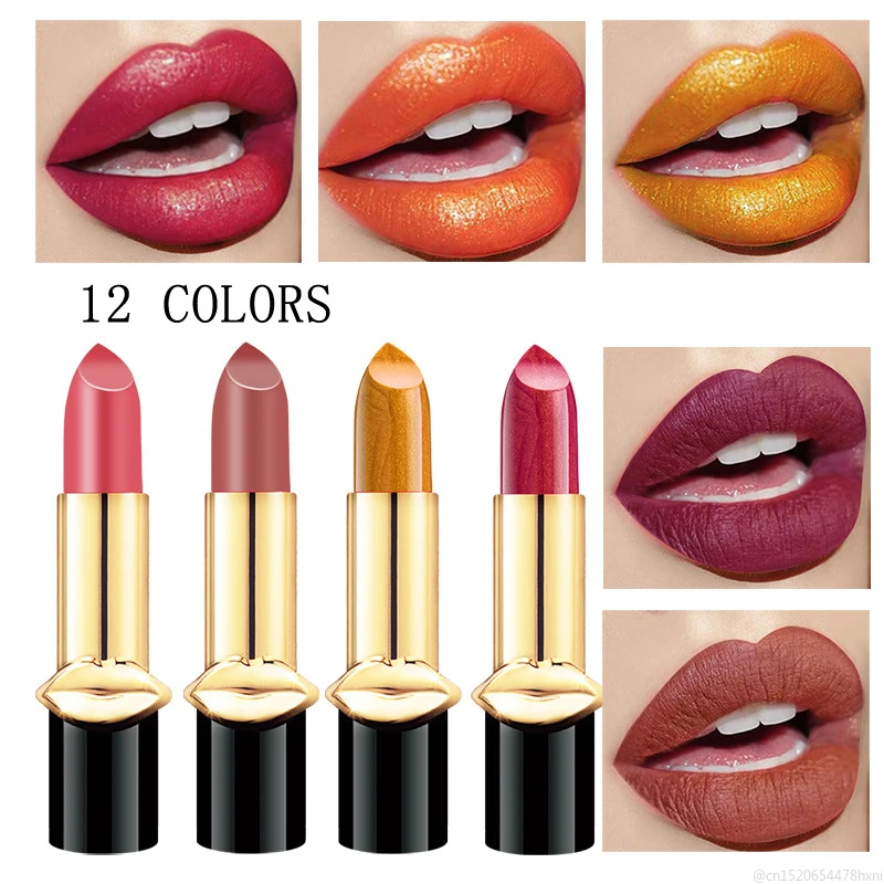 

12 Color Matte Shine Metallic Lipstick Waterproof Long Lasting Nude Red Pigment Shimmer Luxury Lip Balm Cosmetic Makeup TSLM1