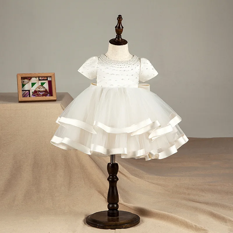 White Pearls Princess Dress Beading Short Sleeve Flower Girl Dresses for Wedding Ball Gown Big Bowknot Kids Party Vestidos B339 | Детская