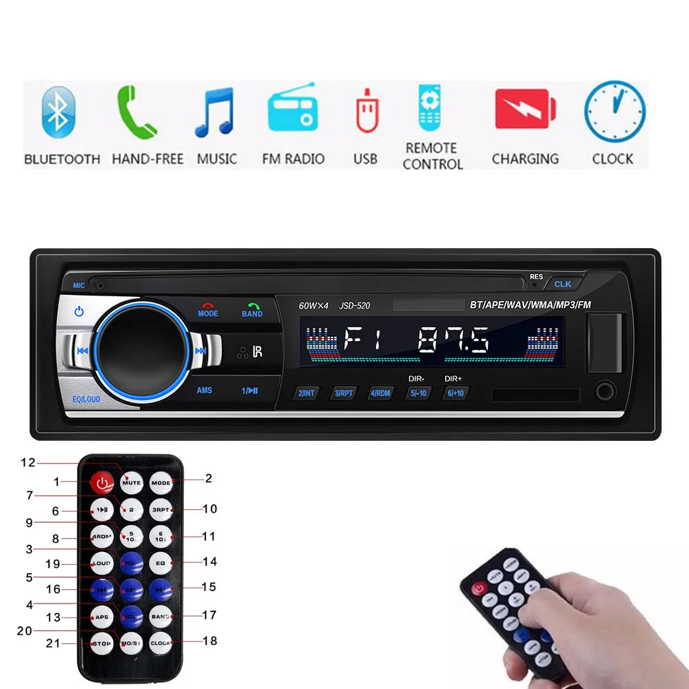 

1 Din Car Radio Autoradio auto Stereo 12v bluetooth V2.0 FM Aux Input Receiver phone charging Car Audio SD USB MP3 MMC WMA