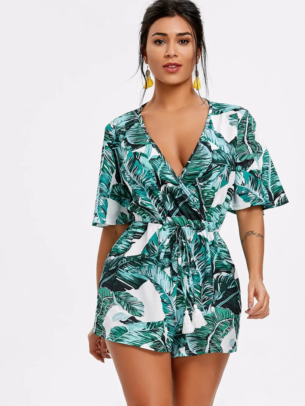 Women Short Leaf Print Romper Female Casual Playsuits With Elastic Sexy