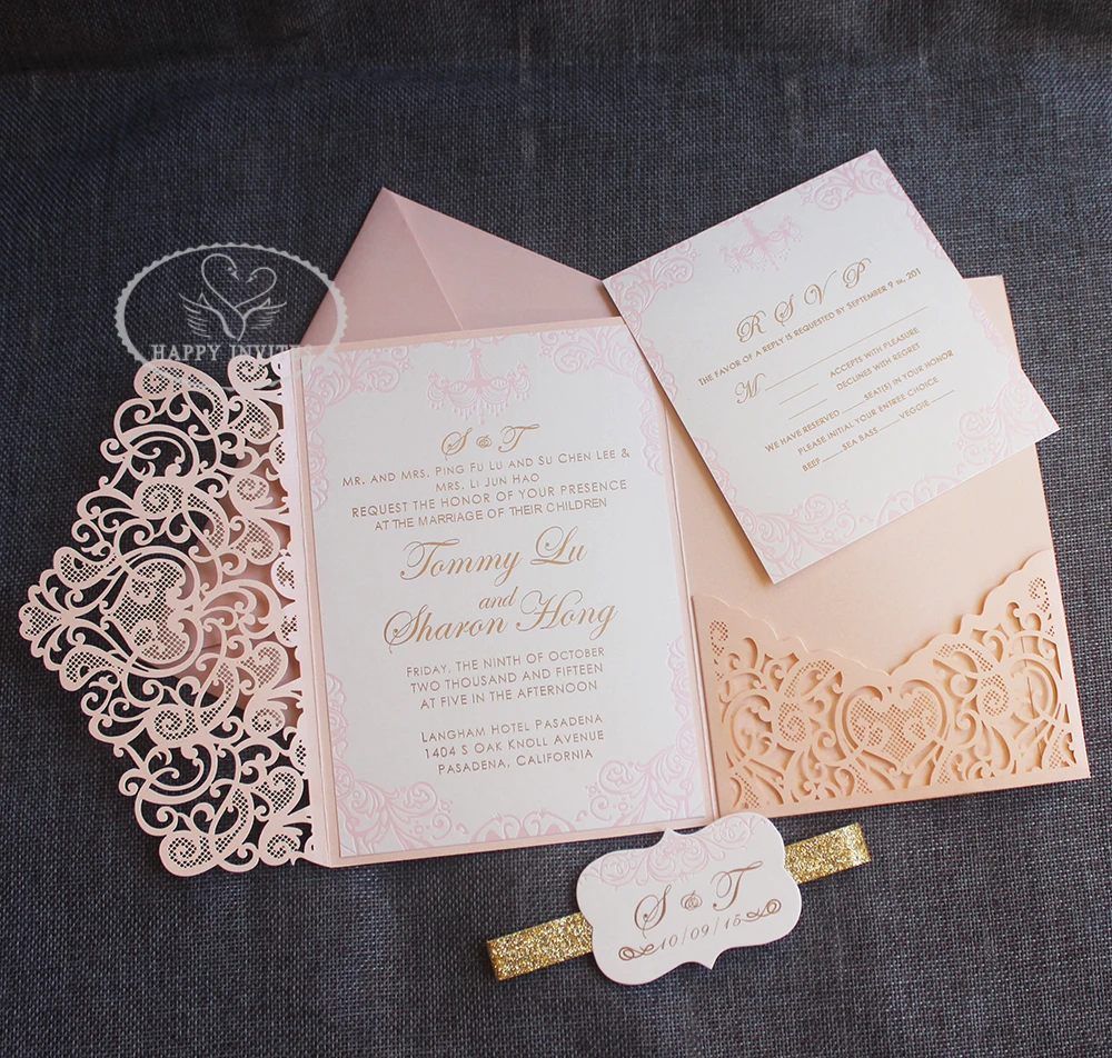 HI3047-08 Custom Pink Pocket Fold Wedding Invitation Card with Gold Foil Made in China
