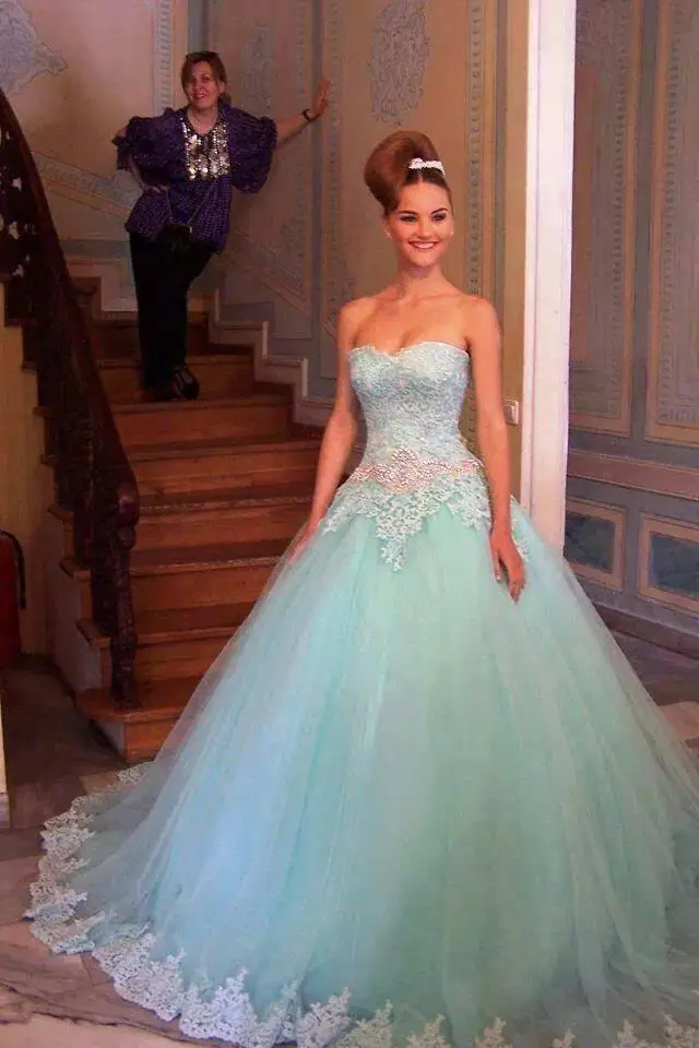 2016 Mint Green Quinceanera Dresses Ball Gown For Sweet 16 Beaded Belt Applique Lace Gowns Up Back Special | Свадьбы и торжества