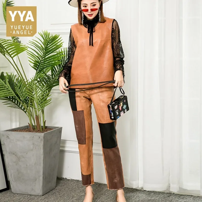 2019 Luxury Real Leather Women Suit Solid Vest+Sheepskin Ankle Length Pants Two Piece Set High Waist Trousers Office Ladies Sets
2019 Luxury Real Leather Women Suit Solid Vest+Sheepskin Ankle Length Pants Two Piece Set High Waist Trousers Office Ladies Sets