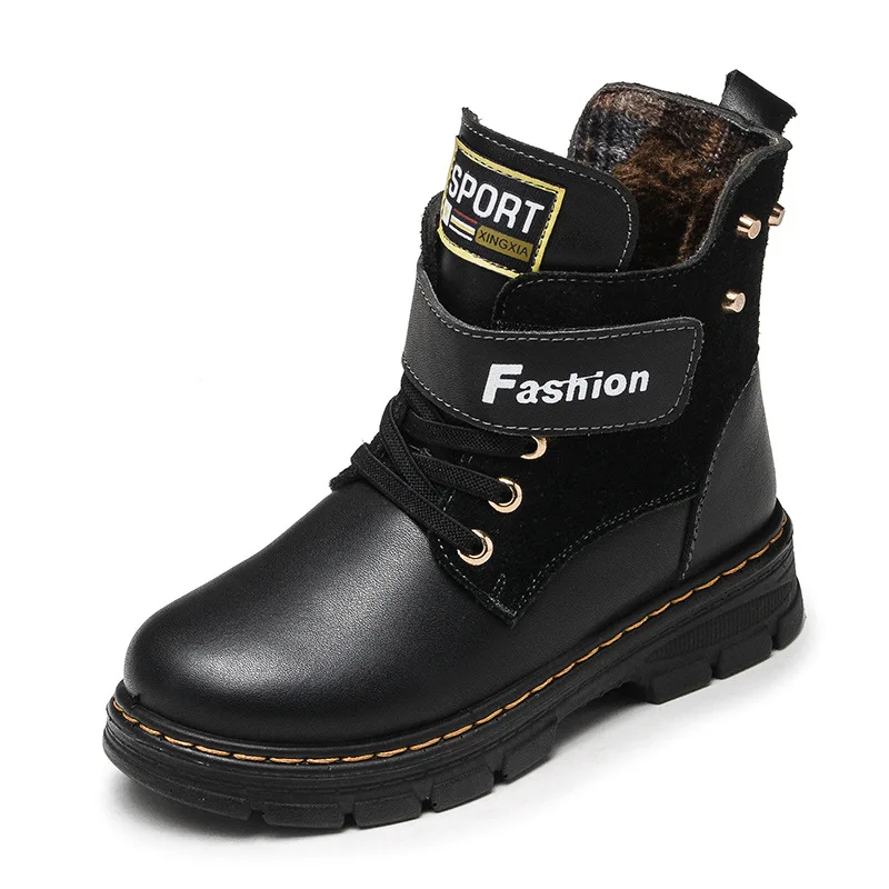ULKNN Martin boots For boys winter new children's shoes warm fluffy lining leather boots blue high help children casual shoes