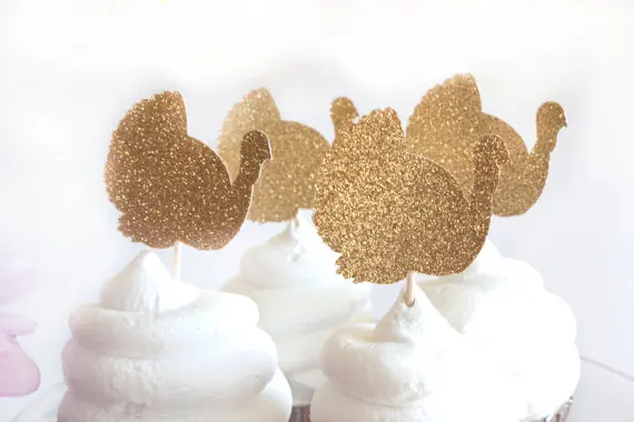 Glitter Turkey Cupcake Toppers Gold Thanksgiving Decor Decorations Friendsgiving Party Ideas Favors | Дом и сад