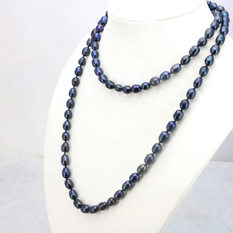 

Rice shape Black pearl long necklace chain 7-8mm 36 inches 2piece/lot fish shape buttons DIY Beaded Women hot sale necklace gift