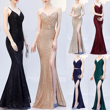 Fashion Sequin Floor-Length Side Slit Bodycon Dress Sexy Spaghetti Strap Deep V Evening Party Dress Backless Vestidos De Festa
Fashion Sequin Floor-Length Side Slit Bodycon Dress Sexy Spaghetti Strap Deep V Evening Party Dress Backless Vestidos De Festa