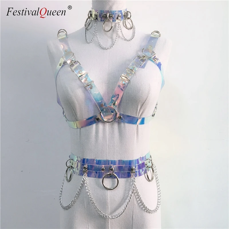 2019 Handmade Laser PVC Bondage 3 Piece Set Women Holographic Choker Crop Top Link Chain Waist Belt Sexy Rave Festival Outfits
2019 Handmade Laser PVC Bondage 3 Piece Set Women Holographic Choker Crop Top Link Chain Waist Belt Sexy Rave Festival Outfits