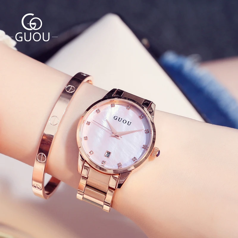 GUOU Women Watch Pink Dial Rose Gold Steel Bracelet Strap Rhinestone Ladies Quartz Wristwatches with Calendar Christmas 8186G
GUOU Women Watch Pink Dial Rose Gold Steel Bracelet Strap Rhinestone Ladies Quartz Wristwatches with Calendar Christmas 8186G