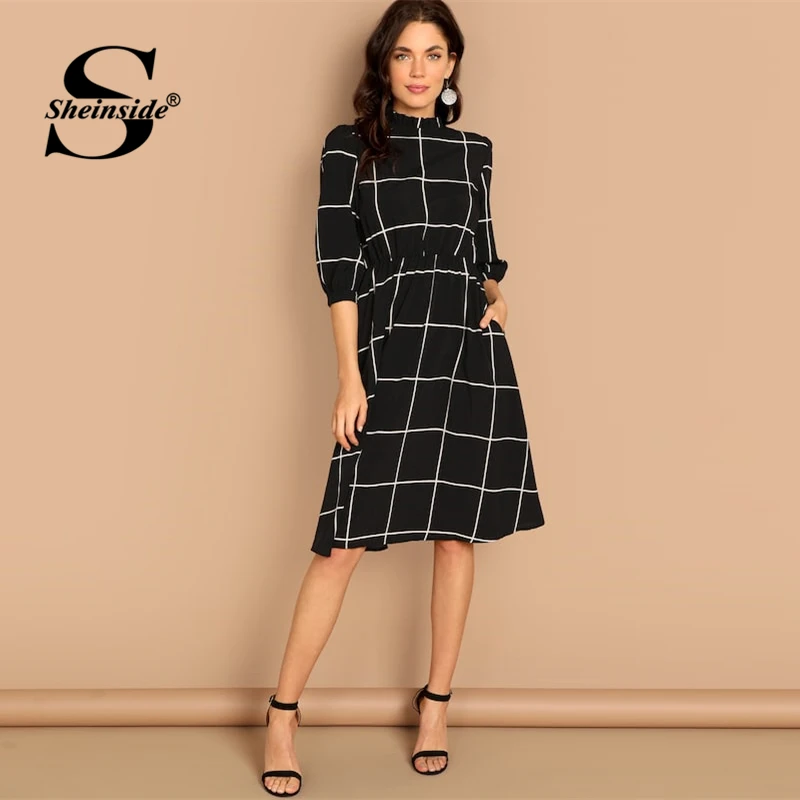 Sheinside Black Casual Plaid Ruff Collar Straight Dress Women 3/4 Length Sleeve Dress 2019 Spring Elegant Workwear Midi Dresses
Sheinside Black Casual Plaid Ruff Collar Straight Dress Women 3/4 Length Sleeve Dress 2019 Spring Elegant Workwear Midi Dresses