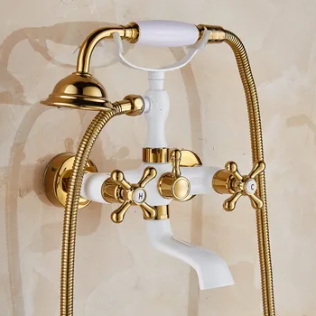 Gold and White Bathroom Tub Faucet Dual Handles Swivel Spout Bathtub Mixer Tap with Hand Shower Wall Mount shower faucet
Gold and White Bathroom Tub Faucet Dual Handles Swivel Spout Bathtub Mixer Tap with Hand Shower Wall Mount shower faucet