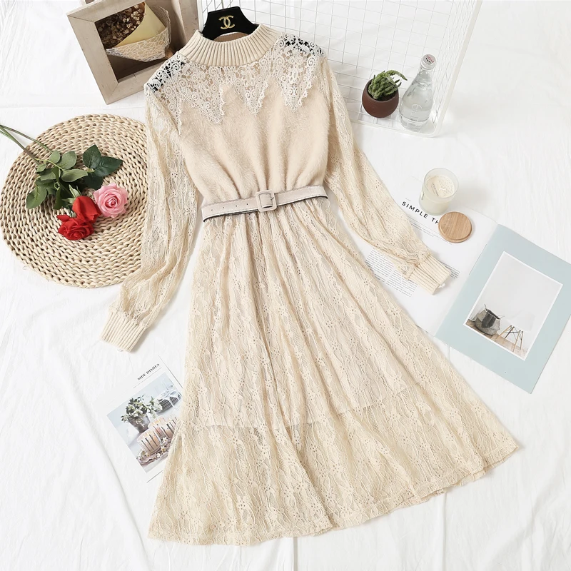New Spring Autumn High Waist Hollow Out Lace Dresses Women Elegant Sashes A-Line Long Dress Slim Patchwork Velvet Vestidos Mw532
New Spring Autumn High Waist Hollow Out Lace Dresses Women Elegant Sashes A-Line Long Dress Slim Patchwork Velvet Vestidos Mw532