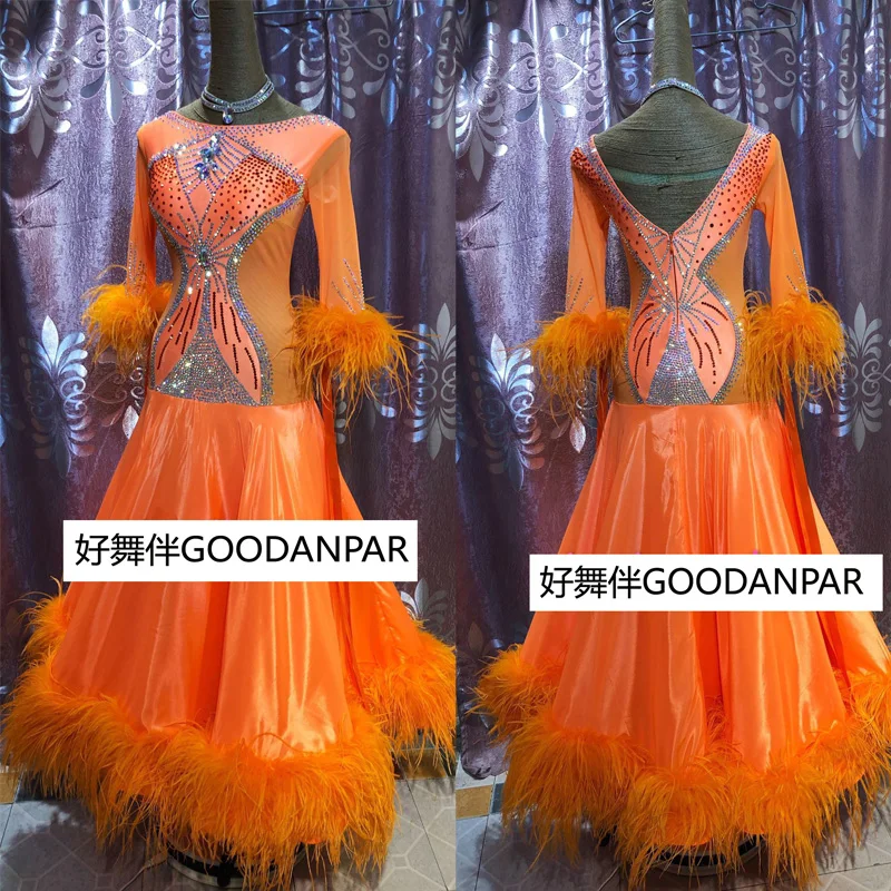 Фото Бальные платья для конкурсов вальса костюм девочек с длинным рукавом оранжевый |