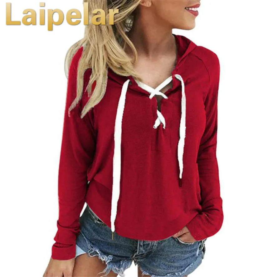 2018 Women Lace Up Bandage Sweatshirt Plus Size Hoodies Pullover Hooded Long Sleeve Deep V Neck Laipelar Women Autumn Tops 
2018 Women Lace Up Bandage Sweatshirt Plus Size Hoodies Pullover Hooded Long Sleeve Deep V Neck Laipelar Women Autumn Tops