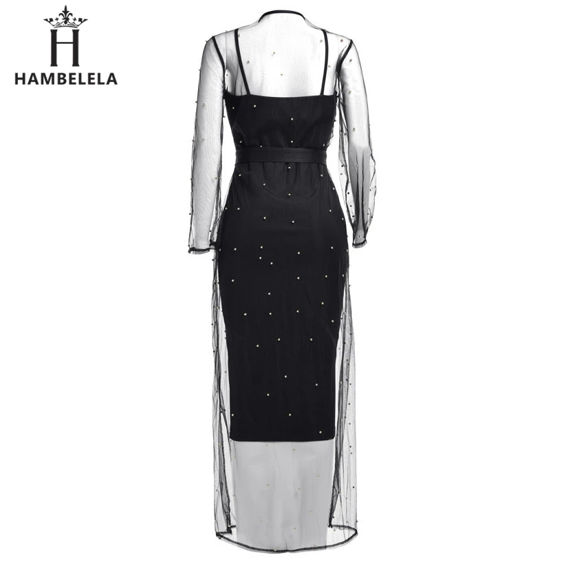 HAMBELELA Runway Maxi Dress 2018 Long Sleeve Two Piece Set Diamond Spring Dress 2 Pieces Sheer Mesh Party Dresses Women Outfits (1)