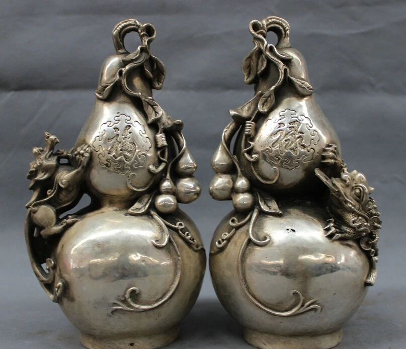 10" Marked Chinese Silver FengShui Unicorn Hoptoad Statue Fu Lu Shou Gourd Pair