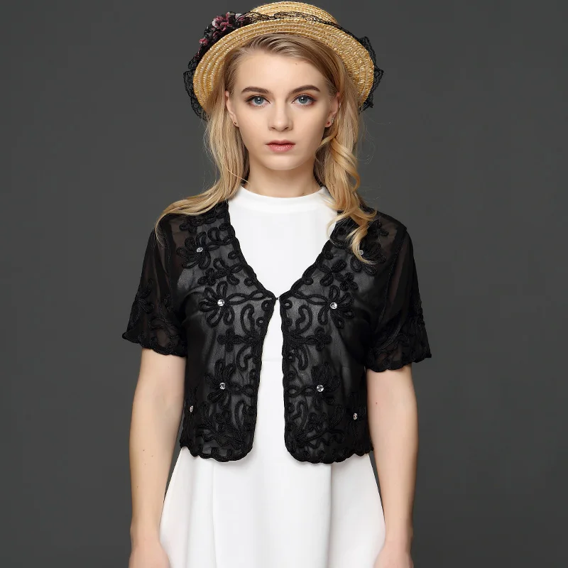 Muslim Style Summer Thin Short Sleeve V Neck Women Cardigan Bolero Embroidery Floral Rhinestone Lace Mesh Shrugs Jacket
Muslim Style Summer Thin Short Sleeve V Neck Women Cardigan Bolero Embroidery Floral Rhinestone Lace Mesh Shrugs Jacket