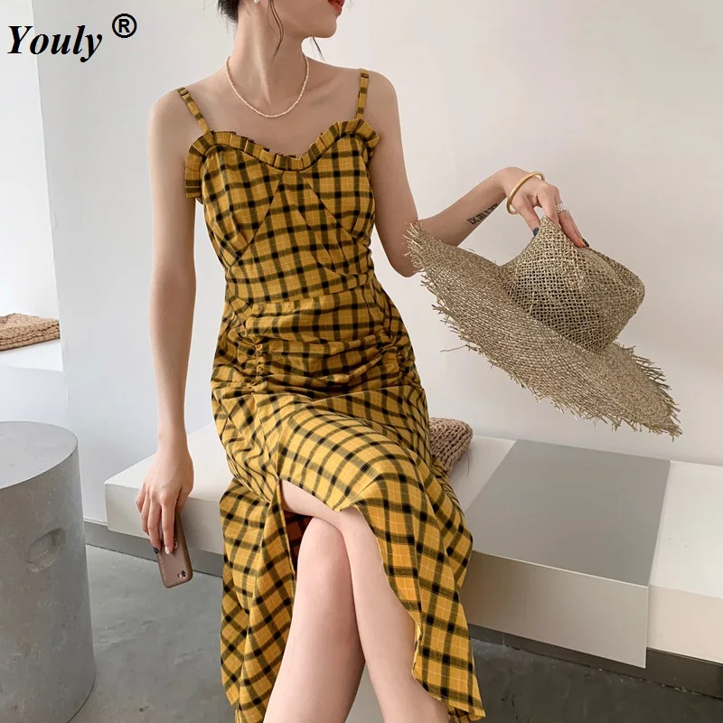 2019 Summer Yellow Plaid Midi Dress Vintage Beach Boho Dress Ruffles Spaghetti Strap V-Neck Sexy Party Women Casual Dress Vestid
2019 Summer Yellow Plaid Midi Dress Vintage Beach Boho Dress Ruffles Spaghetti Strap V-Neck Sexy Party Women Casual Dress Vestid