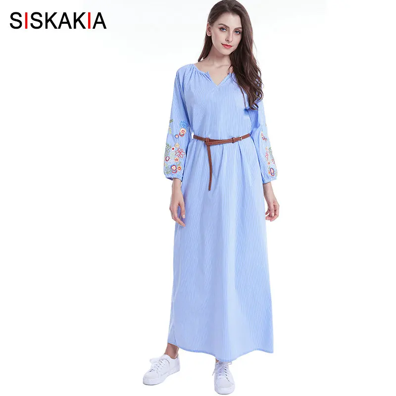 Siskakia Stripe Long Dress Brief V Neck Long Sleeve Women Dresses Flower Embroidery Summer 2019 Muslim Clothes Light Blue
Siskakia Stripe Long Dress Brief V Neck Long Sleeve Women Dresses Flower Embroidery Summer 2019 Muslim Clothes Light Blue