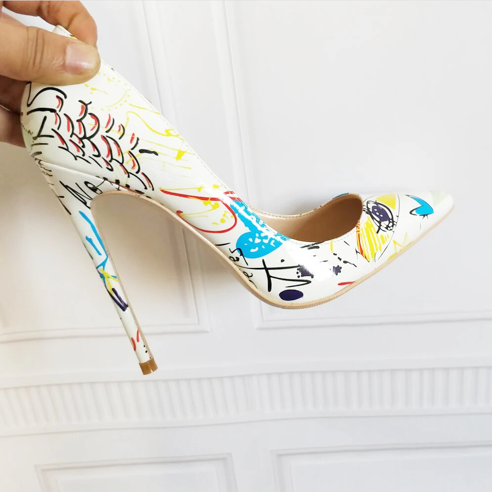Brand Shoes Women High Heels 12 Cm Women High Heels Gift Shoes High Heels White Printed High Heels