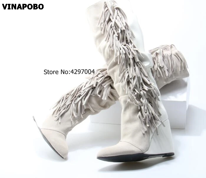 1High-Quality-White-Leather-Tassel-Knee-High-Boots-Women-Round-Toe-Fringe-Wedge-Boots-Winter-Dress