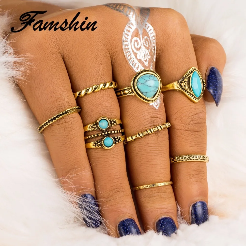 FAMSHIN 8PCS/Set Boho Natural Stone Knuckle Rings Vintage Tibetan Geometric Gold Color Ring Set for Woman Man Fashion Anillos Pu
FAMSHIN 8PCS/Set Boho Natural Stone Knuckle Rings Vintage Tibetan Geometric Gold Color Ring Set for Woman Man Fashion Anillos Pu