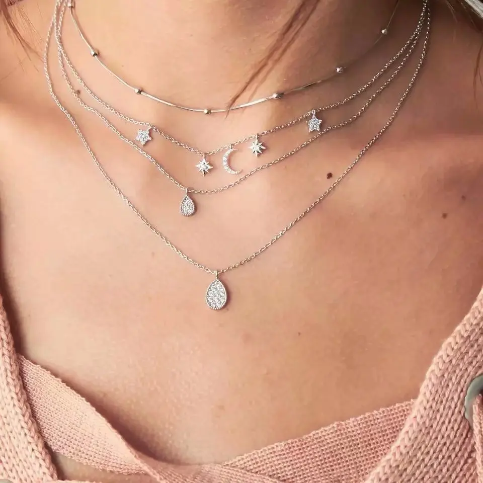 2019 Season New Personality Moon Star Crystal Necklace Set High Grade Women Long Silver Chain Trendy Sweet Hipster Jewelry Femme | Украшения