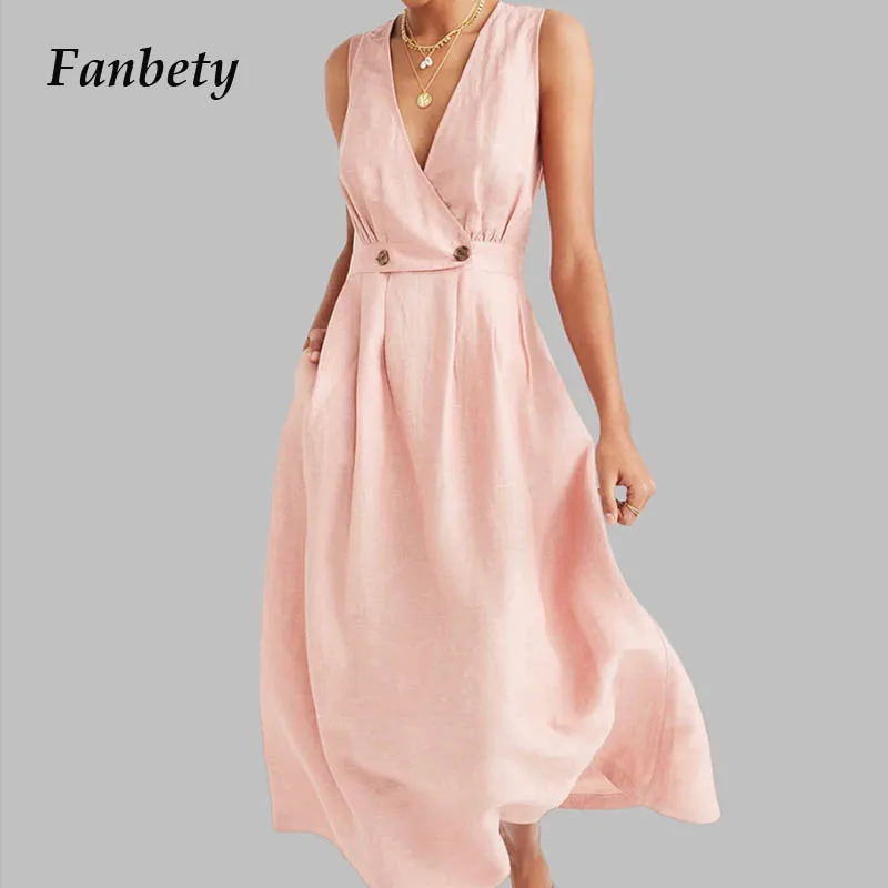 Fanbety Elegant Sexy cross Deep V Neck button Dress Women Summer Solid A-Line party Dresses sleeveless Beach Sundress Plus Size
Fanbety Elegant Sexy cross Deep V Neck button Dress Women Summer Solid A-Line party Dresses sleeveless Beach Sundress Plus Size