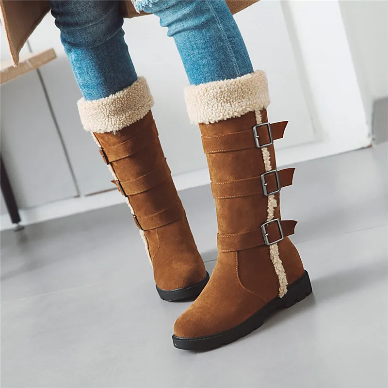 

YMECHIC 2023 Mid Calf High Winter Boots ladies Flock Buckle Strap Red Black Long Knight Riding Tall Botas women shoes Plus Size