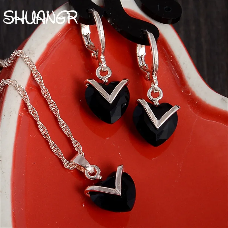 SHUANGR Fashion Black Cubic Zirconia Jewelry Sets Romantic Wedding Dress Gold Color Heart Pendant Necklace Earings Set
SHUANGR Fashion Black Cubic Zirconia Jewelry Sets Romantic Wedding Dress Gold Color Heart Pendant Necklace Earings Set