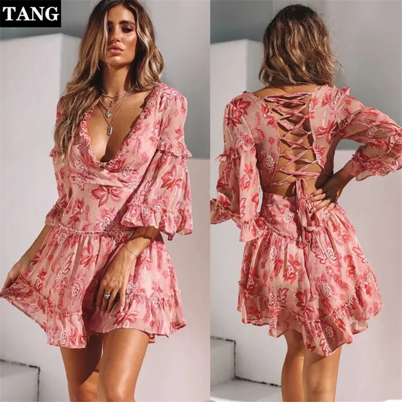Tang Fashion Red Designer Runway Dress Women Hollow Out Ruffles Floral Print Chiffon Mini Dress Sexy Backless Oneck Dress
Tang Fashion Red Designer Runway Dress Women Hollow Out Ruffles Floral Print Chiffon Mini Dress Sexy Backless Oneck Dress