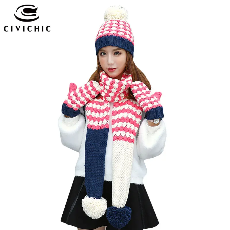 CIVICHIC Cute Warm Set Lady Knit Hat Scarf Glove 3 Pcs Plus Velvet Headwear Pompon Beanies Thick Mitten Chic Stripes Shawl SH186
CIVICHIC Cute Warm Set Lady Knit Hat Scarf Glove 3 Pcs Plus Velvet Headwear Pompon Beanies Thick Mitten Chic Stripes Shawl SH186