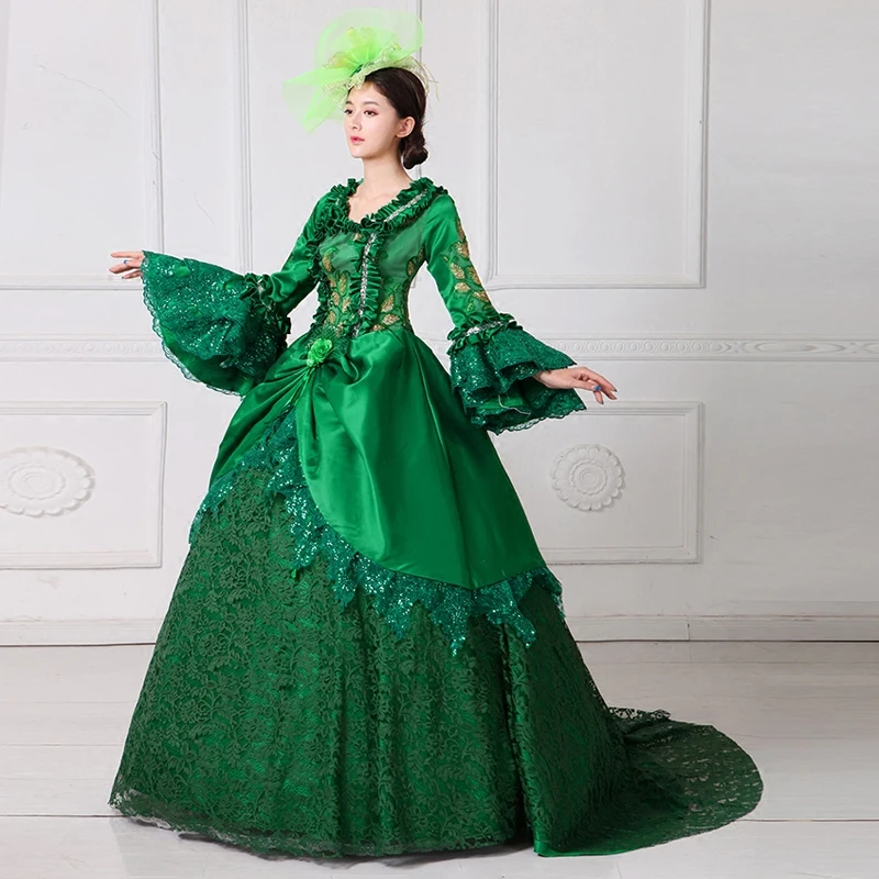 2018 Green Square Collar Long Flare Sleeve Lace Princess Dress 18th Century Marie Antoinette Train Party Dress Theatre Clothing
2018 Green Square Collar Long Flare Sleeve Lace Princess Dress 18th Century Marie Antoinette Train Party Dress Theatre Clothing