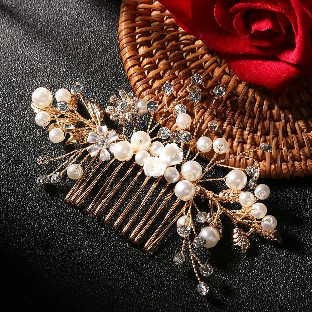 New Women Elegant Gold Pearl Rhinestone Hair Combs Leaf Flower Handmade Bride Headdress Wedding Bridal Head Piece Hair Ornaments
New Women Elegant Gold Pearl Rhinestone Hair Combs Leaf Flower Handmade Bride Headdress Wedding Bridal Head Piece Hair Ornaments