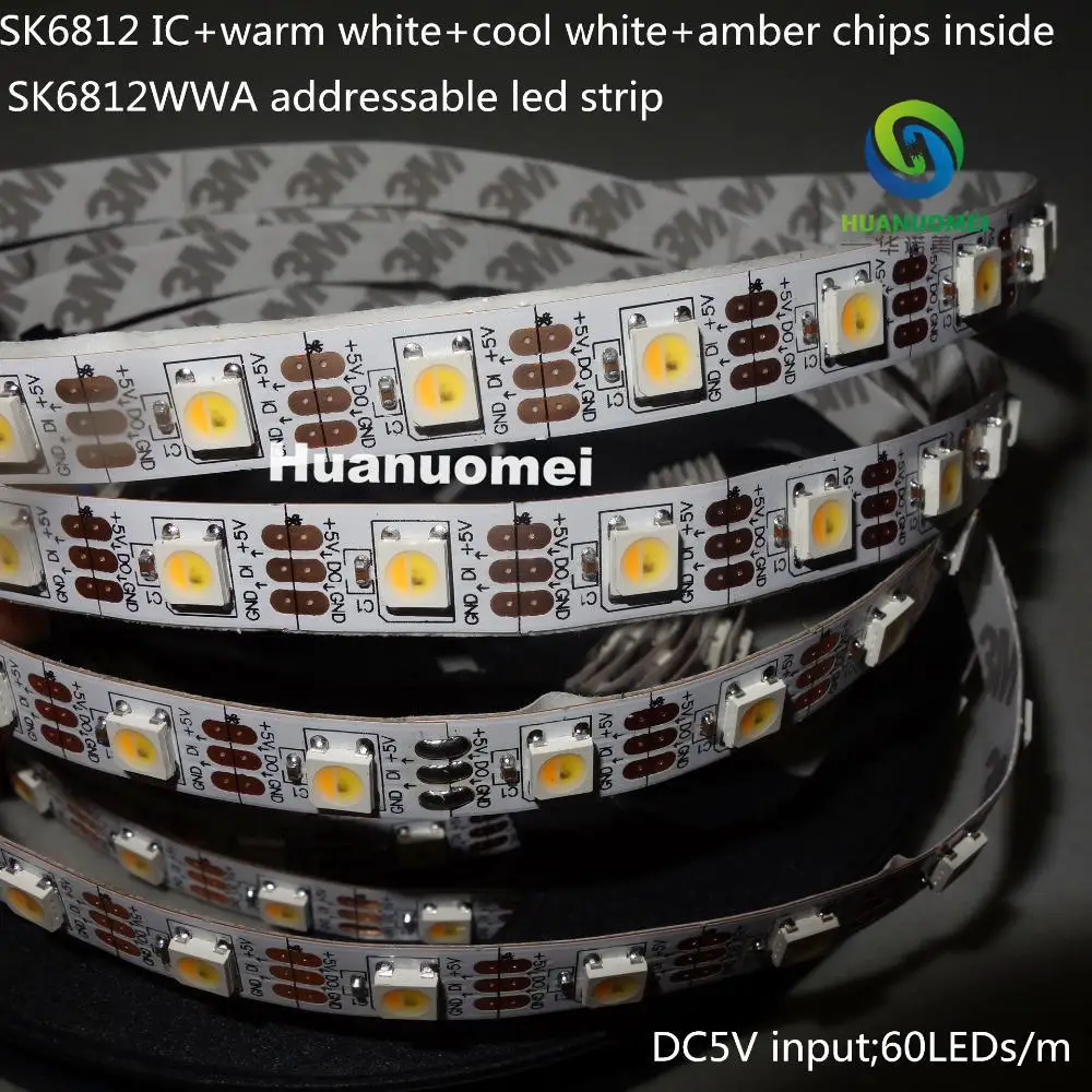 

SK6812WWA(SK6812 IC+Warm White+Cool White+Amber Chips Inside) LED Addressable Strip 60LEDs/m Non-waterproof 5m long DC5V input