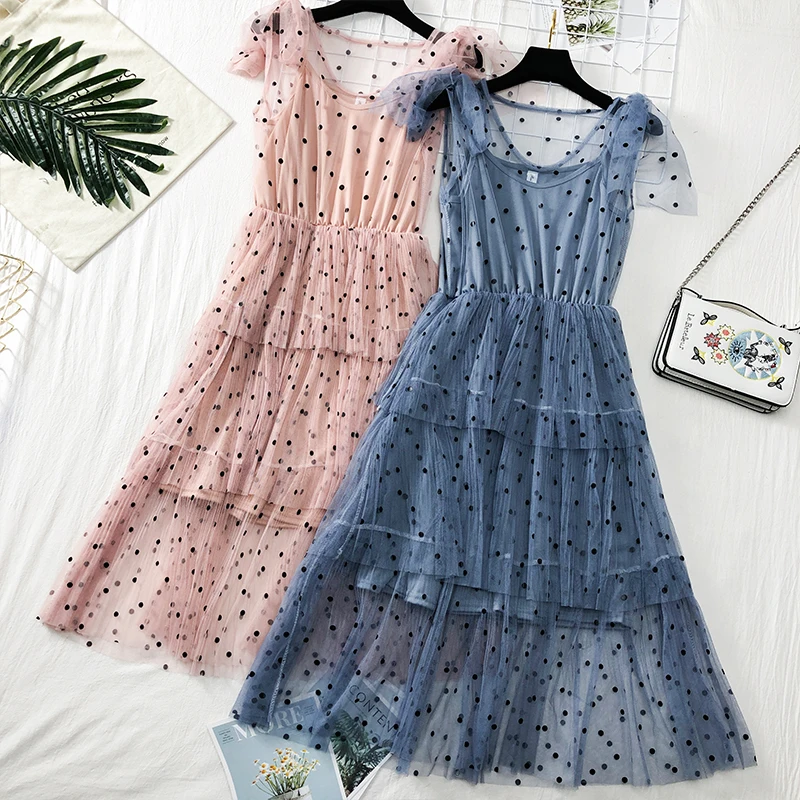 

Women Summer V-neck Polka Dot Bandage Lace Ruffles Dress Casual Elastic Slim High Waist Pullover Mesh Gauze Voile Pleated Dress