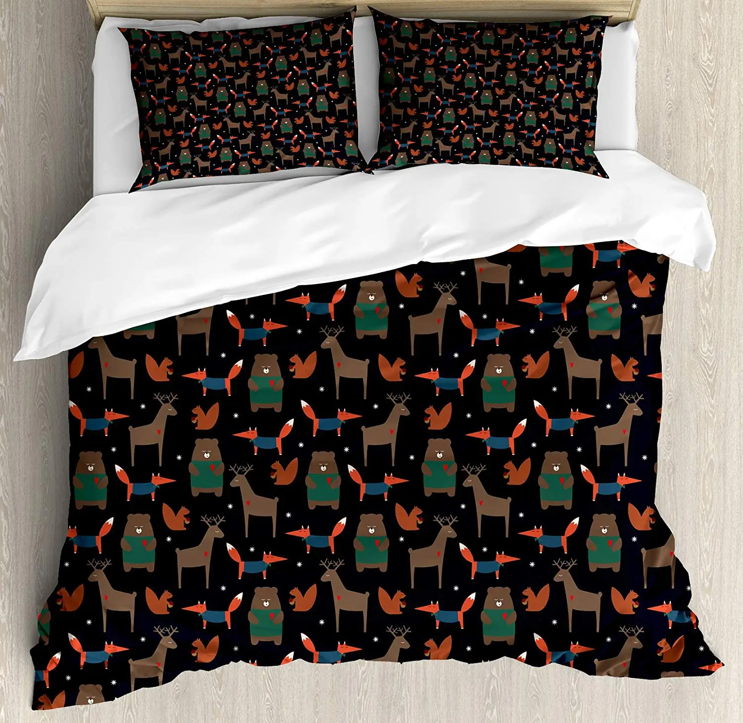 Cartoon Animals from Forest Pattern Abstract Shirt Wearing Bear Deer and Fox, Decorative 3 Piece Bedding Set
Cartoon Animals from Forest Pattern Abstract Shirt Wearing Bear Deer and Fox, Decorative 3 Piece Bedding Set