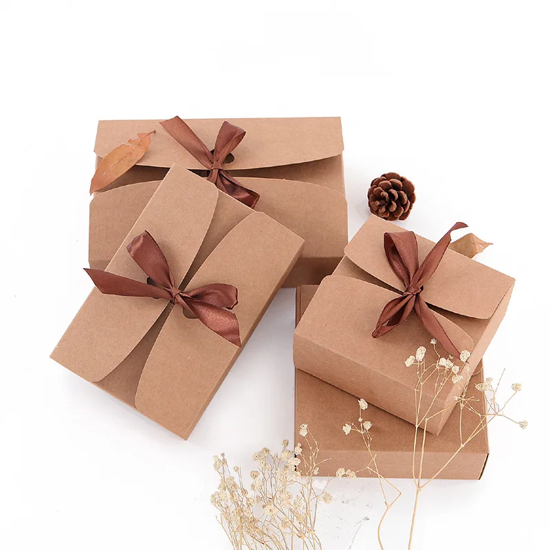 

20pcs/lot Natural Kraft Paper Box Gift Packing Box Brown Ribbon Cookie Boxes Packaging for Sweets Candy Puffs Box Present Carton