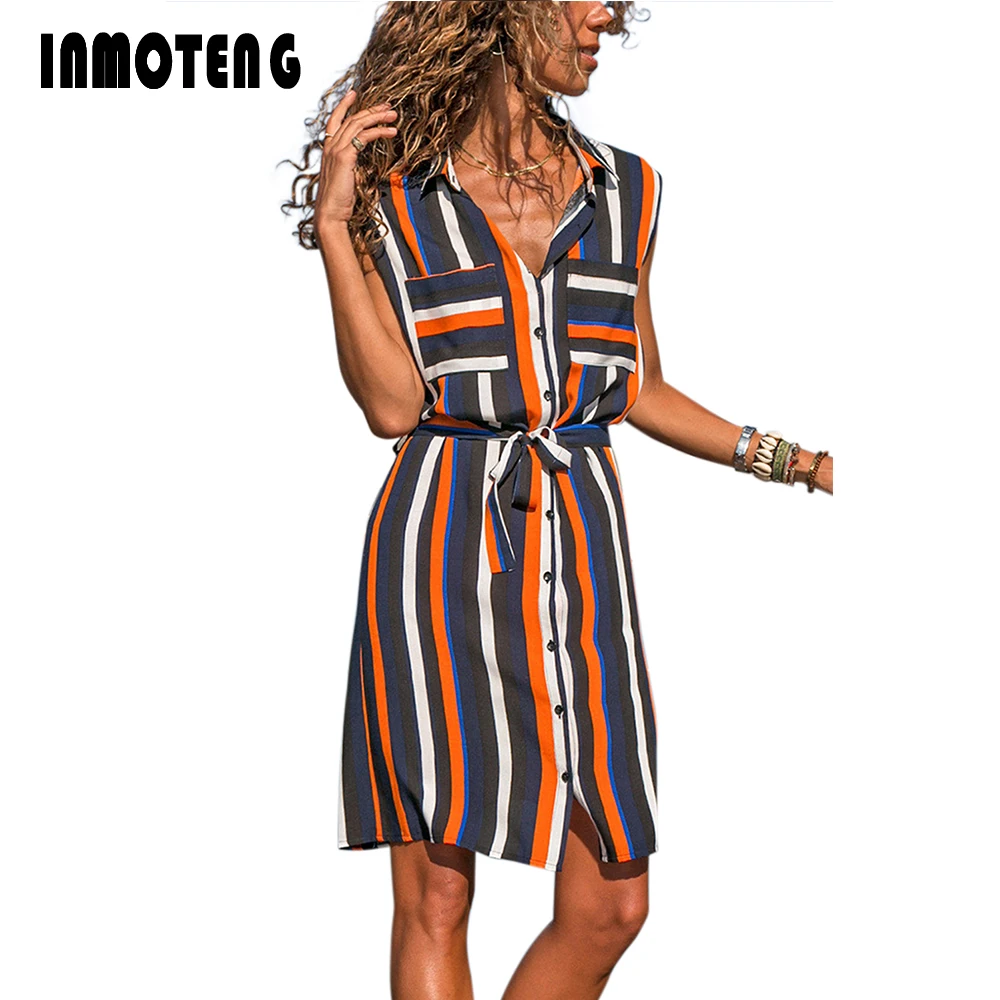 INMOTENG Orange/Blue Sleeveless Stripe Tank Shirt Casual Dress Women Summer Turn-Down Collar Button Short Dresses with Belt
INMOTENG Orange/Blue Sleeveless Stripe Tank Shirt Casual Dress Women Summer Turn-Down Collar Button Short Dresses with Belt