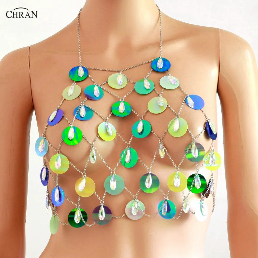 

Chran Acrylic Gem Seascale Crop Top Disco Party Chain Necklace Rave Bra Bralete Lingerie Festival Costume Wear Jewelry CRS204